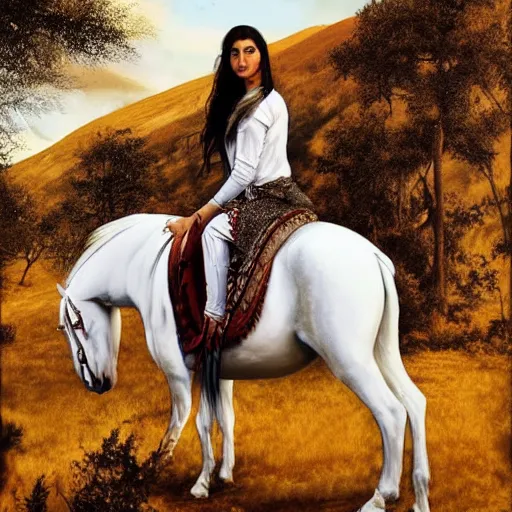 Image similar to full body shot of a beautiful young kurdish woman with beautiful black hair riding a beautiful white horse in the kurdish mountains art by martin ansin, highly detailed, 8 k, high resolution, award winning art, incredibly intricate, beautiful and symmetrical face