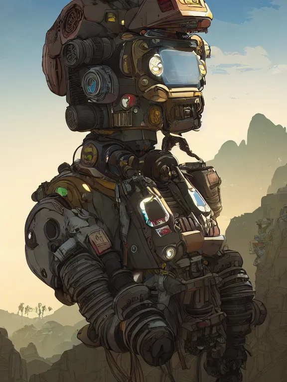 Image similar to solarpunk digital illustration pathfinder robot from apex legends, portrait by james gurney and laurie greasley, slim, concept art, cinematic composition, hyper realism, photorealistic, dramatic lighting, highly detailed,