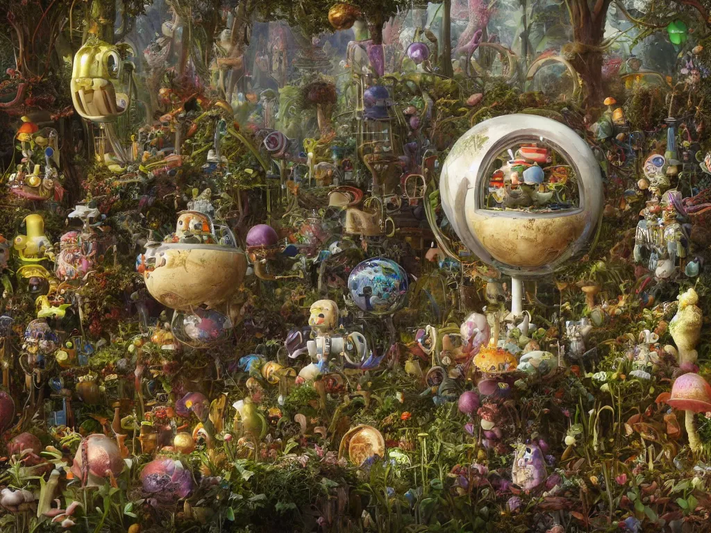 Prompt: victorian robots and mushrooms growing in a spheroid forest, 3d render, nightlight Study, by Jan Davidsz de Heem and Lisa Frank, Art Nouveau, 8k, extreme detail, sharp focus, cinema 4d render