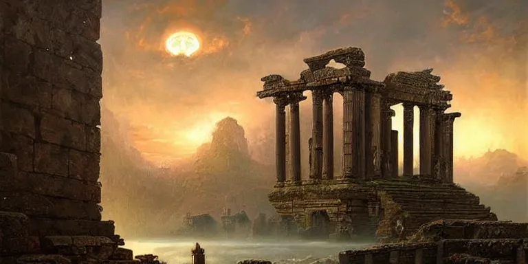 Image similar to beautiful hyperrealistic spectacular painting of the mysterious intricate ruins of the mysterious ancient temple, an advanced technology timemachine with a green - glowing - crystal from the future is inside the temple, by hubert robert and lee madwick and bastien lecouffe - deharme, dramatic sunset lighting, advanced technology