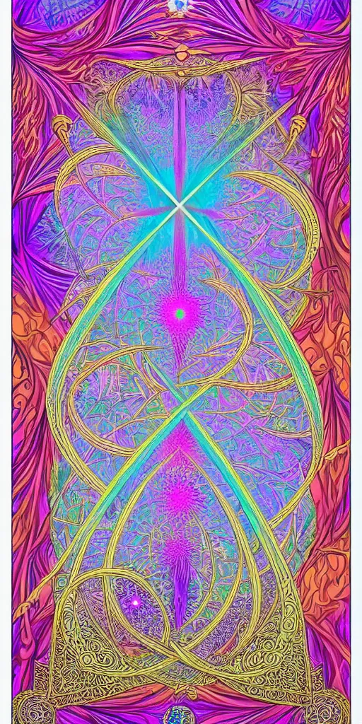 Prompt: a beautiful colorful vaporwave fractal tarot card featuring bold occult imagery with clean lines. haeckel. detailed adult coloring book