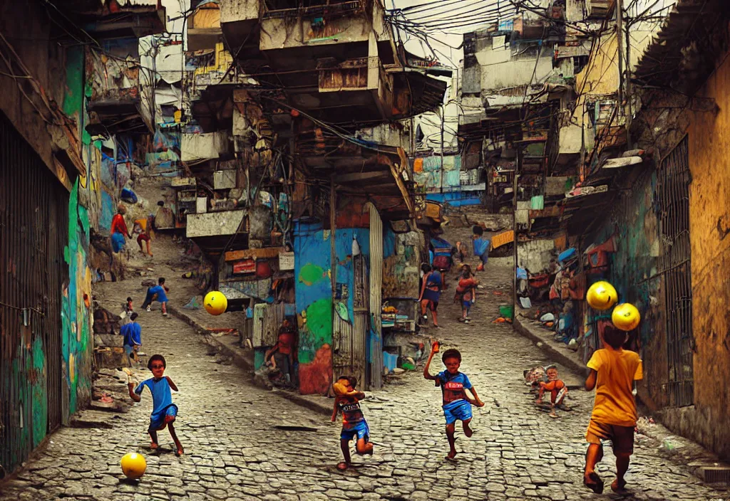 Image similar to photorealistic favela rocinha rio de janeiro with precise rendered alleys with intricate details of gun happy people in alley close view of kid playing with colorful ball and flying kit by Justin Gerard