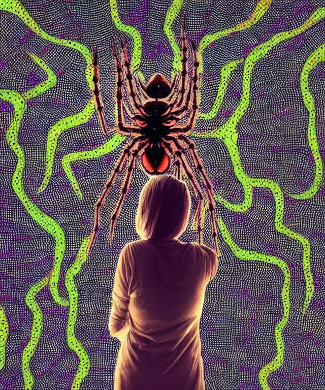 Image similar to a woman standing all covered in spiders. incredible number of spiders. extremely high details, many spider eyes, realistic, horror, creepy, web, masterpiece, colorful art