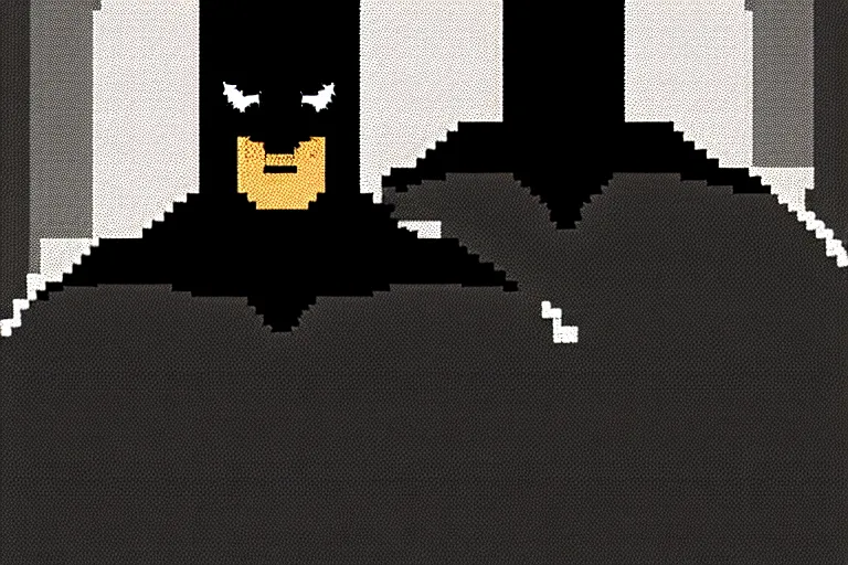 Image similar to ( ( dither ) ), editorial pixel art portrait of an angled 2 d batman,'he knows what you did ', confident smirk, 😏, ( ( mads berg ) ), rich detailed pixels, detailed, dynamic composition, detailed pixel artwork, full og batman, wide angle, matte print, art nouveau, unreal engine