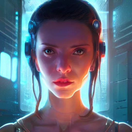 Image similar to highly detailed extreme closeup portrait of a cybernetic woman, in disney, stephen bliss, unreal engine, art by greg rutkowski, loish, rhads, ferdinand knab, makoto shinkai and lois van baarle, ilya kuvshinov, rossdraws, tom bagshaw, global illumination, radiant light, detailed and intricate environment