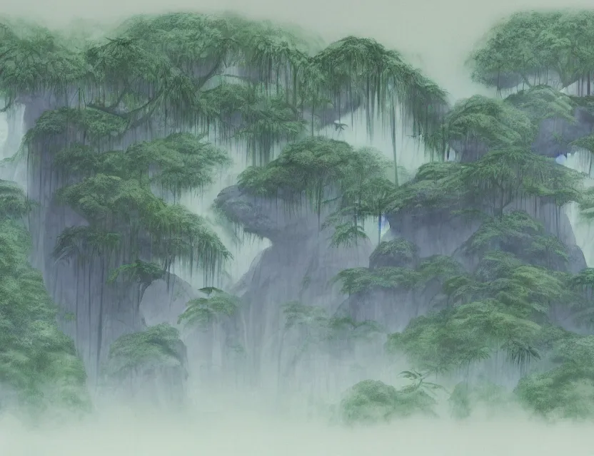 Image similar to a cinematic widescreen photo of ancient japanese temples in a misty bamboo cloud forest on a mountain by studio ghibli by roger dean, photorealistic, 7 0 mm, concept art