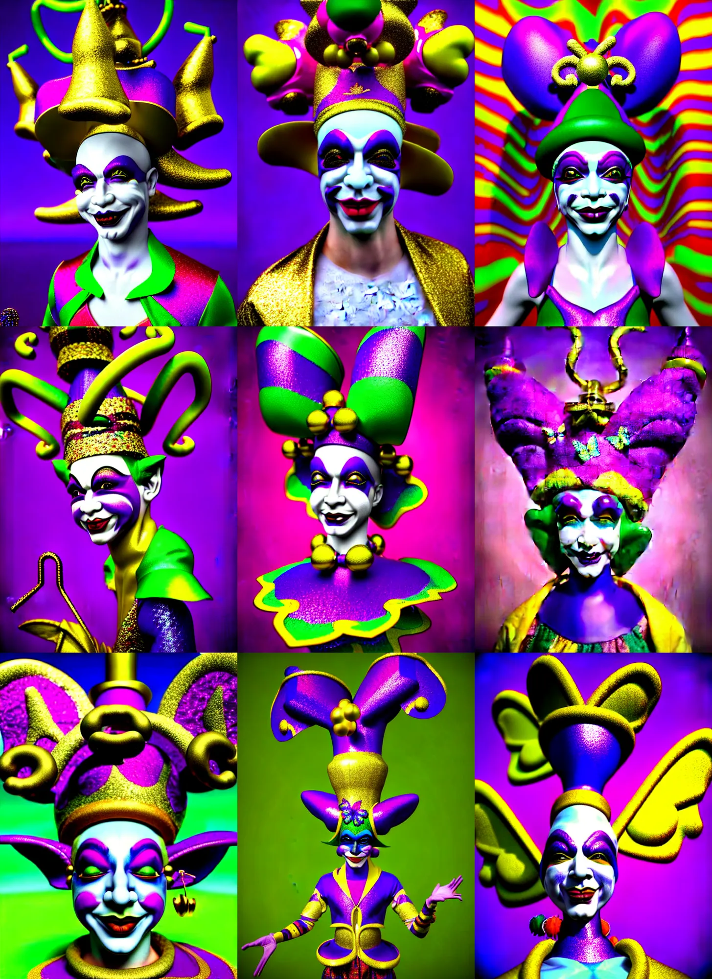 Prompt: 3d render of mardi gras jester doll by Ichiro Tanida wearing a jester cap and bells and wearing angel wings against a psychedelic swirly background with 3d butterflies and 3d flowers n the style of 1990's CG graphics 3d rendered y2K aesthetic by Ichiro Tanida, 3DO magazine