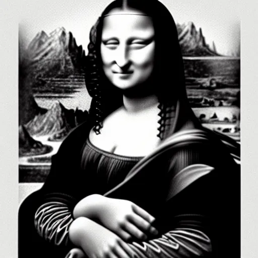 Prompt: Mona Lisa holding a chess piece, 35mm film, monochrome icon by Irving Penn