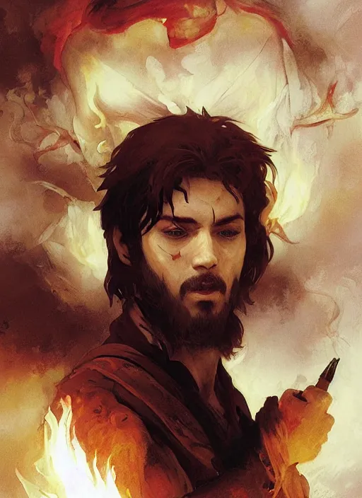 Image similar to character concept portrait of an attractive young focused Spanish wizard with pale red skin and a parital skull mask enchanting a flaming seduction spell, a floating burning spell book in the center, intricate, elegant, digital painting, concept art, smooth, sharp focus, illustration, from Metal Gear, by Ruan Jia and Mandy Jurgens and William-Adolphe Bouguereau, Artgerm