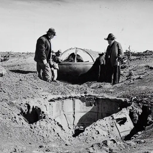 Image similar to old photo of 2 archeologists standing above a hole in the ground looking at an old crashed alien spaceship in the hole, realistic, historic, press photo, black and white