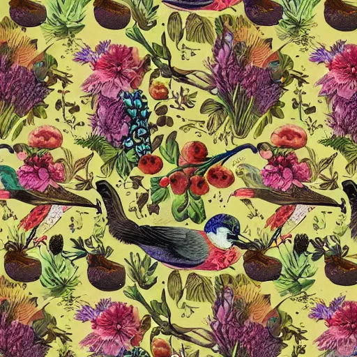 Image similar to vintage illustration pattern, bizarre compositions, blend of flowers, fruits, birds by beto val, john james audubon, exquisite detail