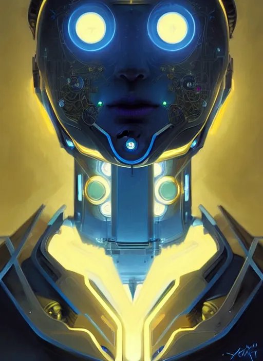 Image similar to symmetry!! portrait of a robot with big eyes, sci - fi, tech wear, blue and yellow glowing lights!! intricate, elegant, highly detailed, digital painting, artstation, concept art, smooth, sharp focus, illustration, art by artgerm and greg rutkowski and alphonse mucha