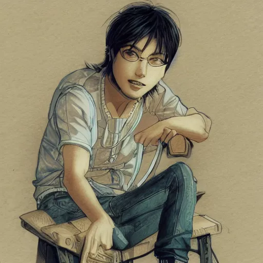 Prompt: concept art, pretty, pretty man sitting, biege background, junichi higashi, isamu imakake, intricate, balance, ultra detailed, full far frontal portrait, artgem