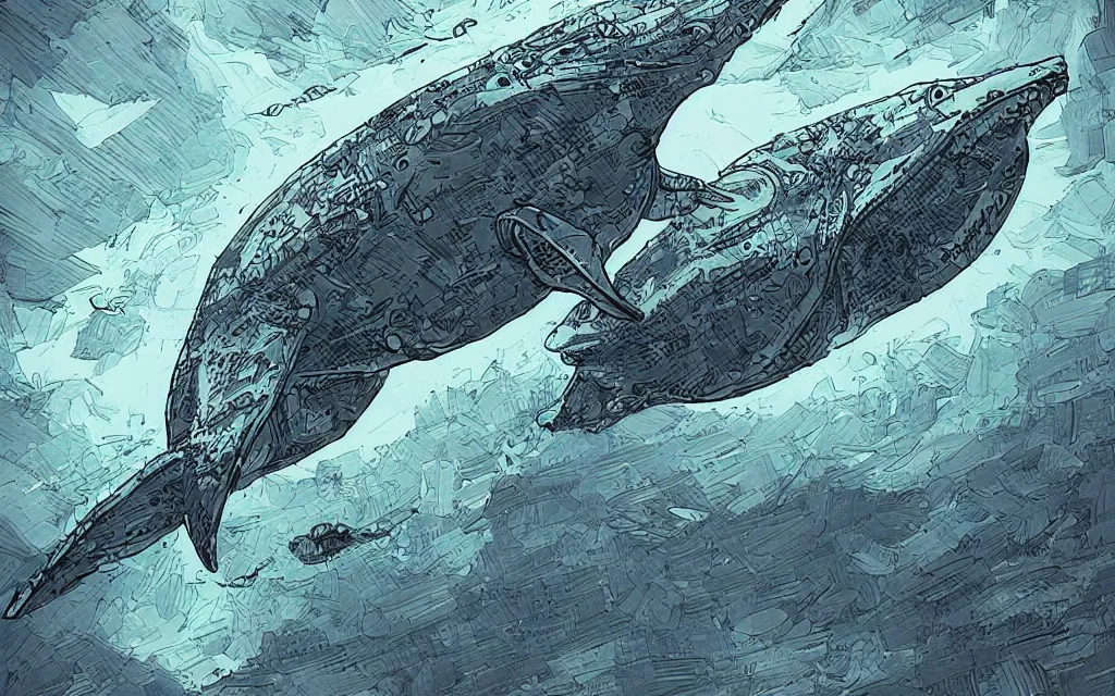 Image similar to biomechanical flying whale, in the style of james jean and laurie greasley, dynamic composition, dramatic lighting, ultra detailed, nitro colors
