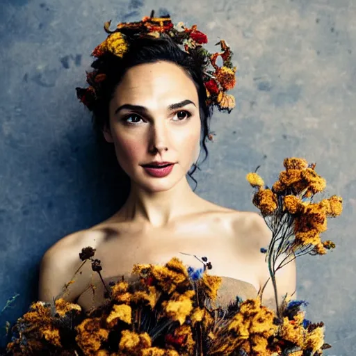 Image similar to full body fine art photo of the beauty gal gadot, she has a crown of dried flowers and is wearing a fashion conceptaul dress made of dried roses, taken by oleg oprisco