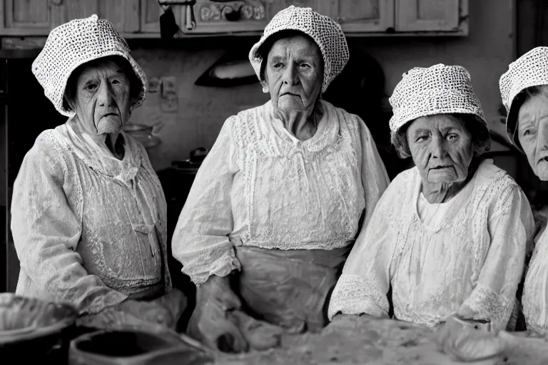 Image similar to close up of three old women from brittany with hats in white lace and folk costumes in a kitchen. they look visibly angry