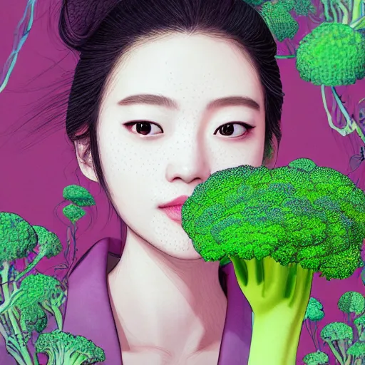 Image similar to the portrait of an unbelievably beautiful, elegant, and sophicated young japanese woman partially made of broccoli, an ultrafine detailed illustration by james jean, intricate linework, bright colors, final fantasy, behance contest winner, vanitas, angular, altermodern, unreal engine 5 highly rendered, global illumination, radiant light, detailed and intricate environment