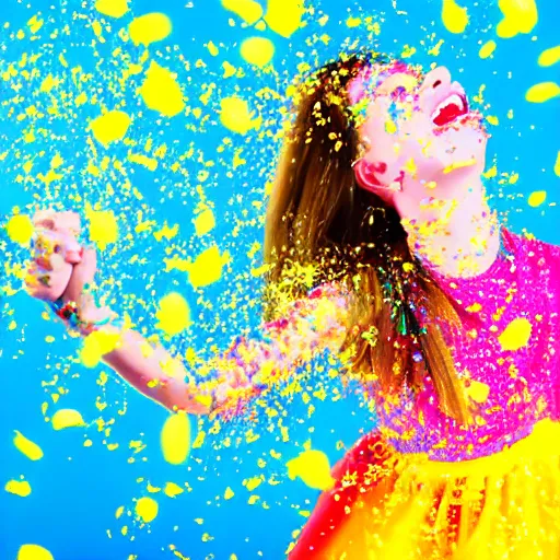 Prompt: girl exploding into a cloud of confetti, festive, neon, bright colors, daytime