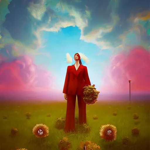 Image similar to giant rose flower head, frontal, girl in a suit, surreal photography, sunrise, dramatic light, impressionist painting, digital painting, artstation, simon stalenhag