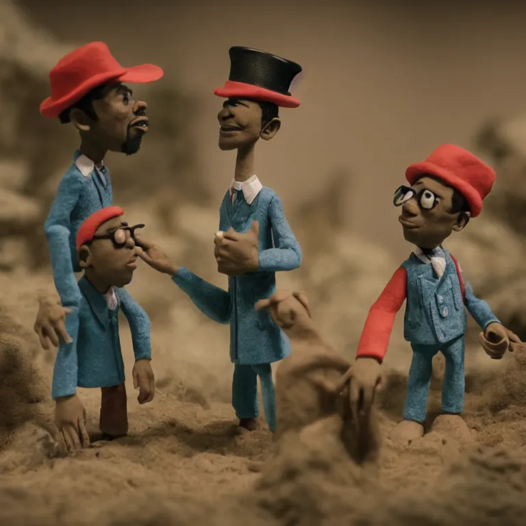 Image similar to a cinematic film still of a claymation stop motion film starring outkast, shallow depth of field, 8 0 mm, f 1. 8