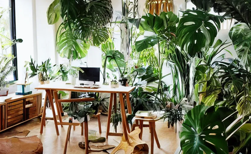 Image similar to tropical themed office interior, maximalist, multiple desks, bamboo wood, cupboards, tropical plants, natural materials, earth colors, bohemian, swedish design, carpets, large windows with a view of a lush park, bright, white