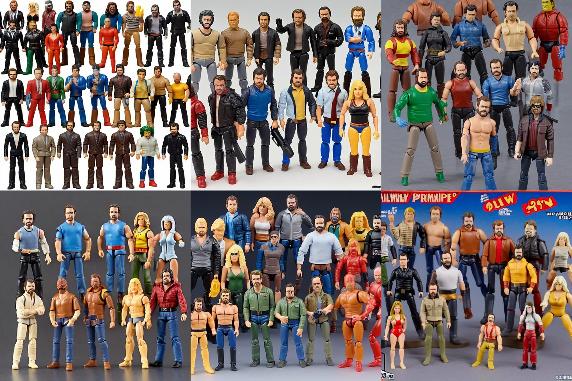 Prompt: complete set of Always Sunny in Philadelphia cast as 1980's Kenner style action figures, 5 points of articulation, full body, 4k, highly detailed