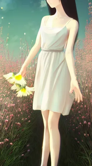 Image similar to little girl with her long black hair dressed in a simple white dress putting flowers on hair, anime art style, digital artwork made by ilya kuvshinov, inspired in balthus, hd, 4 k, hyper detailed