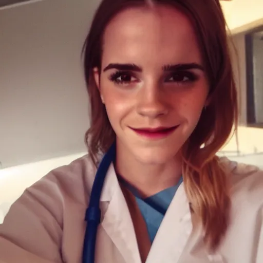 Prompt: photo, close up, emma watson in nurse scrubs, dim light, low light, fog, android cameraphone, snapchat story screenshot, 2 6 mm,