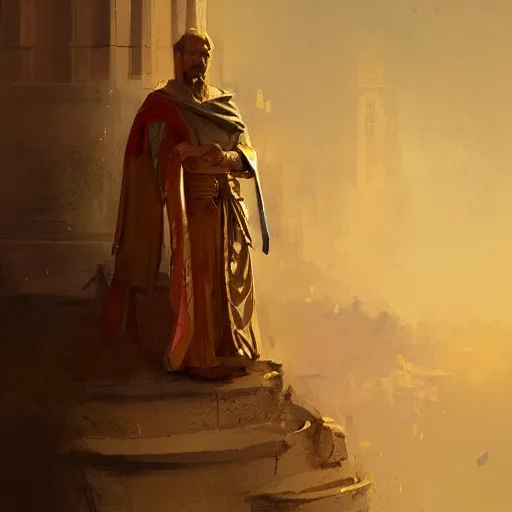 Prompt: Portrait of a noble person wearing a golden toga and crossing his arms, fantasy, medieval, highly detailed, Artstation, painting by greg rutkowski