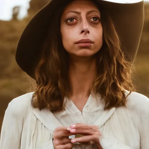 Image similar to beautiful close - up shot of angela sarafyan as clementine in westworld who looks into the distance, beautiful natural light, golden hour, focus on her face, photorealistic, fujifilm x - pro 2, by annie leibowitz