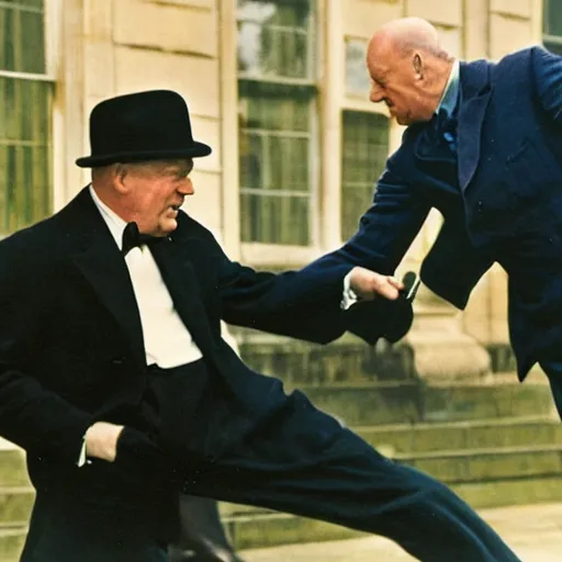 Prompt: Modern color photography of Bruce Willis punching Winston Churchill