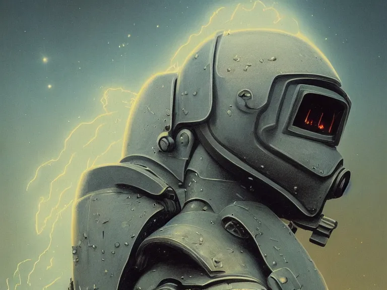 Prompt: a detailed profile portrait painting of a bounty hunter in combat armour and visor. Smoke. cinematic sci-fi poster. Cloth and metal. Welding, fire, flames, samurai Flight suit, accurate anatomy portrait symmetrical and science fiction theme with lightning, aurora lighting clouds and stars. Clean and minimal design by beksinski carl spitzweg moebius and tuomas korpi. baroque elements. baroque element. intricate artwork by caravaggio. Oil painting. Trending on artstation. 8k