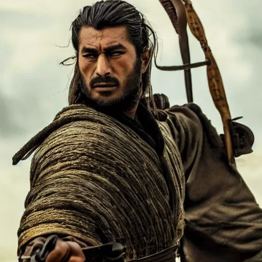 Prompt: handsome and strong! kurdish! samurai in a movie directed by christopher nolan, movie still frame, promotional image, imax 7 0 mm footage, perfect symmetrical facial features