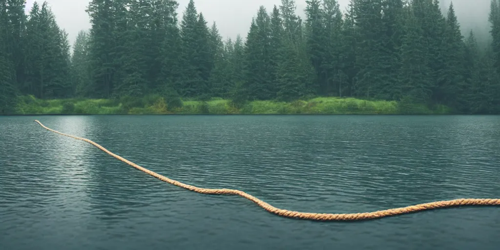 Prompt: symmetrical photograph of a very long rope on the surface of the water, the rope is snaking from the foreground towards the center of the lake, a dark lake on a cloudy day, trees in the background, moody scene, dreamy kodak color stock, anamorphic lens