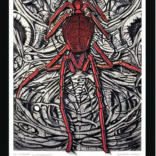 Image similar to a girl with a spider, colored woodcut, print, by Mackintosh, art noveau, by Ernst Haeckel, by Tsutomu Nihei