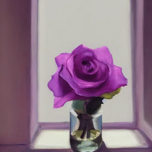 Prompt: A painting of a rose in a vase on a windowsill, with natural light streaming in from the window. The violet is also included in the composition. The painting has an impressionistic style, with soft, blurry lines and muted colors., trending on artstation