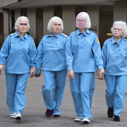 Prompt: troop 1 2 0 - year - old grannies with white bob hairdos, tight light blue neopren suits, futuristic cloning facility, sci - fi, highly detailed, cinematic