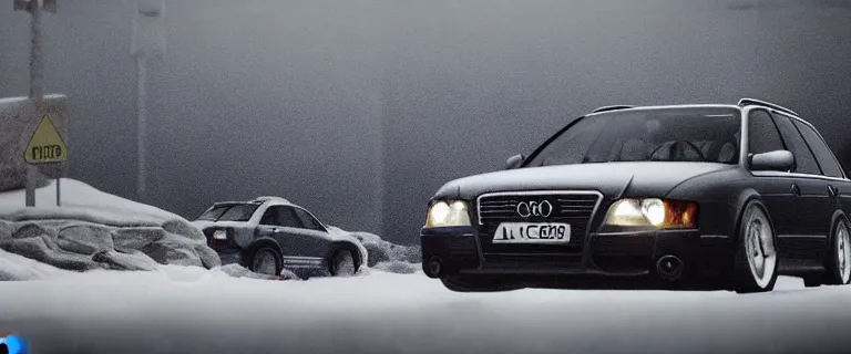 Image similar to Audi A4 B6 Avant (2002), a gritty neo-noir, dramatic lighting, cinematic, eerie person, death, homicide, homicide in the snow, viscera splattered, gunshots, bullet holes, establishing shot, extremely high detail, photorealistic, fire, arson, cinematic lighting, artstation, by simon stalenhag, Max Payne (PC) (2001) winter New York at night, In the style of Max Payne 1 graphic novel, flashing lights, Poets of the Fall - Late Goodbye