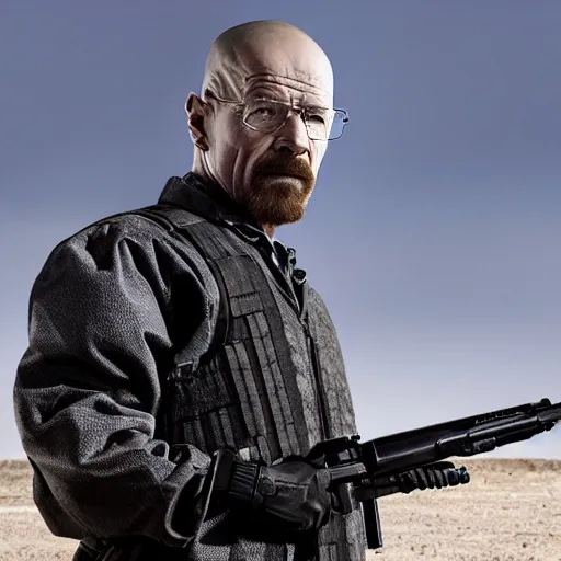 Image similar to Photo of Walter White wearing heavy modern military gear and holding a bulletproof shield, highly detailed, 8k