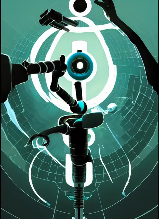 Image similar to poster artwork by Michael Whelan and Tomer Hanuka, of the game Portal, from Valve, Aperture Science, clean