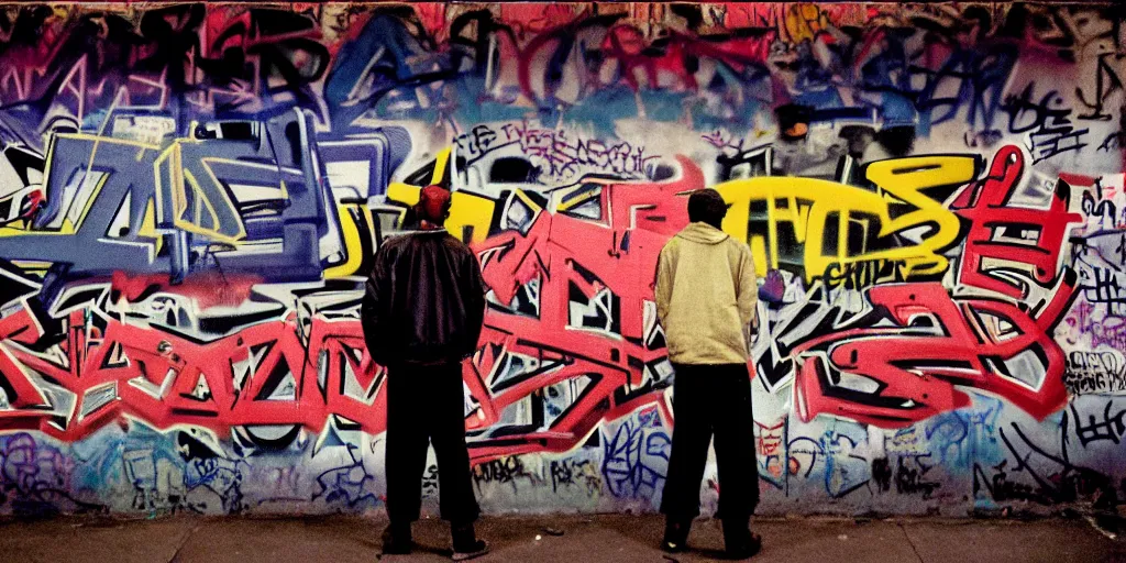 Image similar to bronx, night, city lights, graffiti on the wall, man in the carhartt jacket, coloured film photography, 3 5 mm film, bruce davidson photography, willy spiller photography