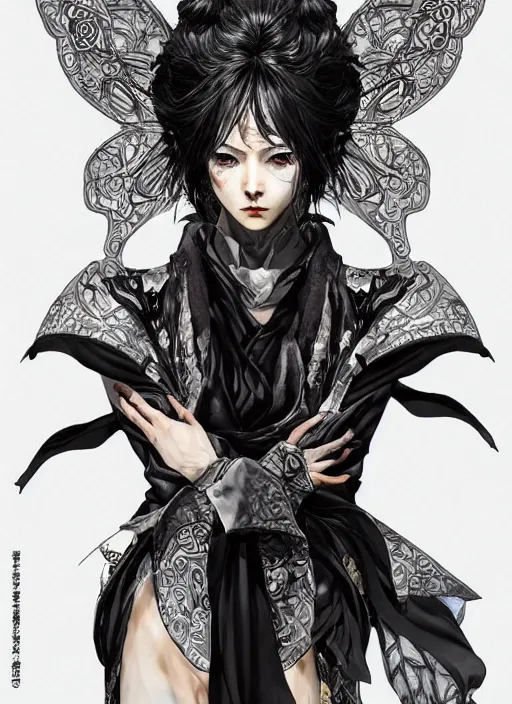 Prompt: portrait of an anthropomorphic butterfly in silk ornate robe. in style of yoji shinkawa and hyung - tae kim, trending on artstation, dark fantasy, great composition, concept art, highly detailed, dynamic pose, vibrant colours.