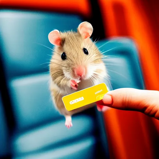 Prompt: photo of a hamster holding a credit card, on a contactless payment terminal, in a cinema, various poses, unedited, soft light, sharp focus, 8 k
