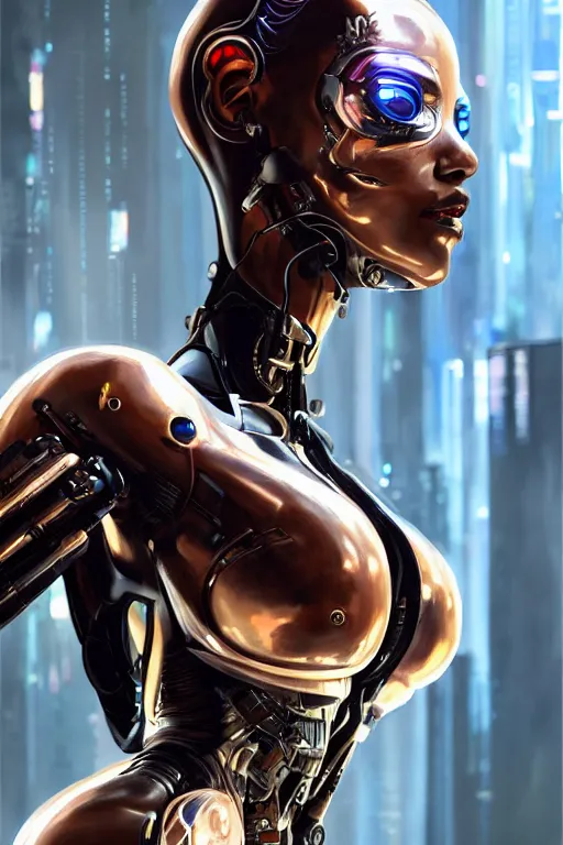 Image similar to Photorealistic illustration, full body black women cyborg , with fashion clothe, six digital eyes by sorayama , cyberpunk 2077, sci-fi, futuristic, intricate, elegant, highly detailed, digital painting, artstation, concept art, smooth, sharp focus, art by artgerm, greg rutkowski and alphonse mucha