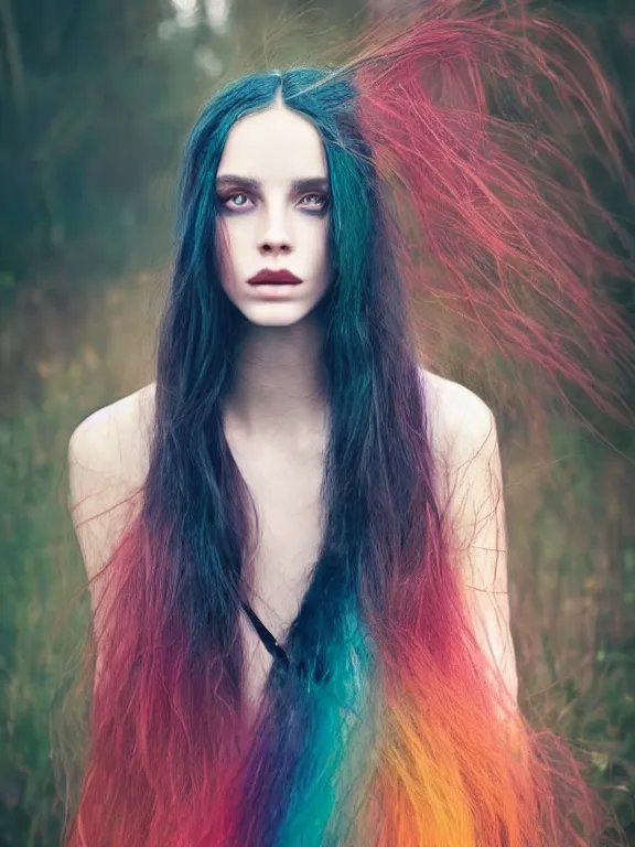 Image similar to portrait photograph of the most beautiful woman with a long dark hair, blue eyes, colorful, alessio albi, jovana rikalo