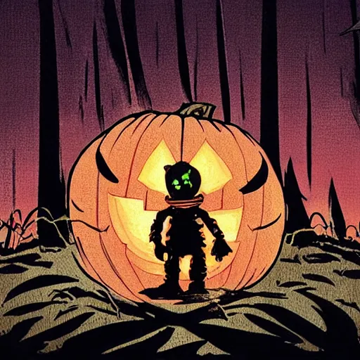 Prompt: Sam from Trick R Treat, stands in front of pumpkin filled lawn at Night, Halloween comic book, comic book art in the style of frank miller