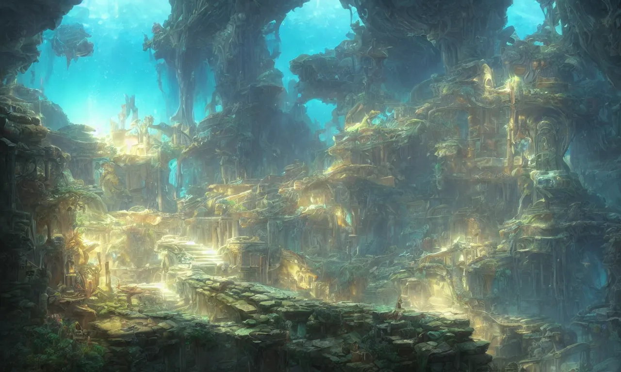 Image similar to a beautiful painting of a lost temple of the underwater world, atlantis, light effect, by tyler edlin and greg rutkowski, unreal engine, trending on artstation