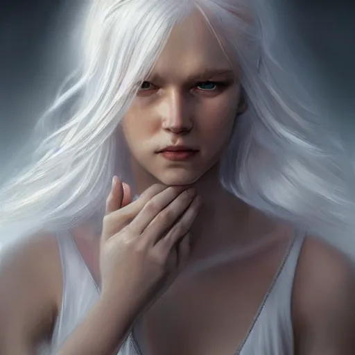 Prompt: goddess, white hair, long hair, closet eyes, seriousl look, praying, folded hands, artstation, highly detailed, georgeus, light background, by artgerm and gaston mussiere