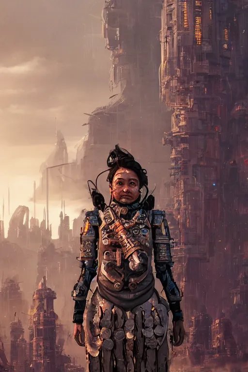Prompt: a portrait of a small tribal women with sci-fi armour standing in the foreground of a mechanical city by Greg Rutkowski, Sung Choi, Mitchell Mohrhauser, Maciej Kuciara, Johnson Ting, Maxim Verehin, Peter Konig, final fantasy , mythical, 8k photorealistic, cinematic lighting, HD, high details, atmospheric,