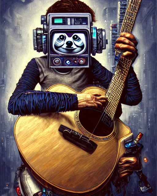 Prompt: a portrait of an anthropomorphic cyberpunk sloth strumming an acoustic guitar by sandra chevrier, by jon foster, detailed render, tape deck, epic composition, cybernetics, 4 k realistic, cryengine, realistic shaded lighting, sharp focus, masterpiece, by enki bilal